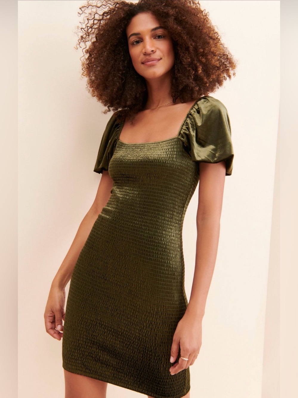 Mare Mare Anthropologie Balloon sleeve Smocked Square-Neck Mini Dress Green